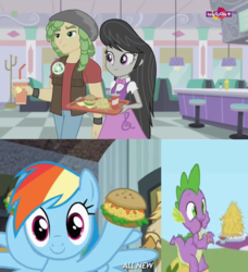Size: 1134x1244 | Tagged: safe, screencap, octavia melody, rainbow dash, sandalwood, spike, equestria girls, equestria girls specials, g4, my little pony equestria girls: dance magic, the ticket master, trade ya!, burger, comparison, food, french fries, hay fries, oat burger, oats