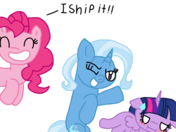 Size: 2048x1536 | Tagged: safe, artist:daisypetals0u0, pinkie pie, trixie, twilight sparkle, alicorn, earth pony, pony, unicorn, g4, female, group, i ship it, lesbian, mare, one eye closed, pinkie the shipper, ship:twixie, shipper on deck, shipping, simple background, twilight sparkle (alicorn), white background