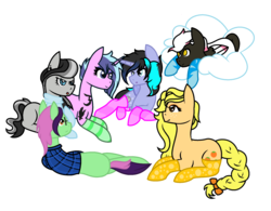 Size: 1952x1520 | Tagged: safe, artist:calibykitty, oc, oc only, oc:drizzle cloud, oc:flora boldbash, oc:maggie pie, oc:moonshine twinkle, oc:orangejack, oc:tammy spears, alicorn, earth pony, pegasus, pony, unicorn, alicorn oc, artificial wings, augmented, clothes, cloud, ear piercing, earring, eyeshadow, female, glasses, group, jewelry, magic, magic wings, makeup, mare, piercing, plaid shirt, scarf, sleepover, socks, striped socks, tattoo, wings