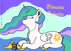 Size: 1024x742 | Tagged: safe, artist:puffydearlysmith, princess celestia, alicorn, pony, g4, crown, eyes closed, female, jewelry, mare, mp3 player, prone, regalia, smiling