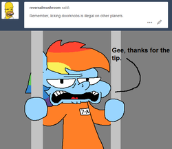 Size: 646x557 | Tagged: safe, artist:rainbowdashsmailbag, rainbow dash, pegasus, pony, rainbowdashsmailbag, g4, ask, bars, cleft chin, clothes, dialogue, female, jail, one krabs trash, open mouth, prison, prison outfit, prisoner rd, reference, reversalmushroom, solo, spongebob squarepants, tumblr