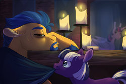Size: 1024x683 | Tagged: safe, artist:vindhov, flash sentry, twilight sparkle, oc, oc:inkwell, alicorn, pony, g4, beard, candle, cloak, clothes, colt, drunk, facial hair, male, mouth hold, offspring, parent:flash sentry, parent:twilight sparkle, parents:flashlight, scar, twilight sparkle (alicorn)