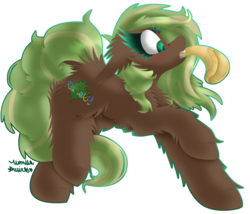 Size: 1024x878 | Tagged: safe, artist:vanillaswirl6, oc, oc only, oc:vale sylva, earth pony, pony, blushing, cheek fluff, chest fluff, colored eyelashes, colored pupils, commission, ear fluff, eyes on the prize, female, fluffy, hat, looking at something, mare, mouth hold, outline, raised hoof, raised leg, sharp teeth, signature, simple background, solo, standing, teeth, transparent background