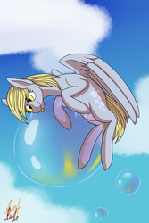 Size: 1024x1536 | Tagged: safe, artist:auntrude, derpy hooves, pony, g4, bubble, cloud, female, floating, solo, tongue out