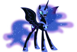 Size: 5803x3927 | Tagged: safe, artist:drakizora, nightmare moon, alicorn, pony, a royal problem, g4, absurd resolution, ethereal mane, female, grin, helmet, hoof shoes, mare, peytral, quadrupedal, simple background, smiling, solo, spread wings, transparent background, vector, wings