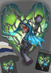 Size: 630x900 | Tagged: safe, artist:babakinkin, queen chrysalis, g4, design, female, heart, long tongue, open mouth, sharp teeth, shirt design, solo, teeth, tongue out, uvula, watermark, wide eyes