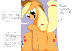 Size: 3496x2362 | Tagged: safe, artist:taurson, applejack, rarity, earth pony, pony, unicorn, g4, carousel boutique, dialogue, female, giant pony, high res, macro, mare
