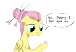 Size: 3496x2362 | Tagged: safe, artist:taurson, fluttershy, rarity, pegasus, pony, unicorn, g4, alternate hairstyle, dialogue, female, floppy ears, folded wings, giant pony, hair bun, high res, looking down, macro, mare, simple background, size difference, speech bubble, well, white background