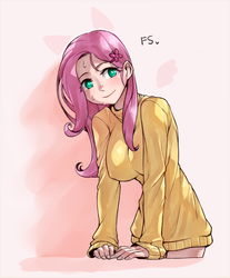 Size: 650x786 | Tagged: safe, artist:srets, fluttershy, human, g4, blushing, breasts, busty fluttershy, clothes, female, humanized, smiling, solo, sweat, sweater, sweatershy