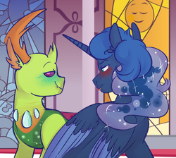 Size: 1149x1029 | Tagged: safe, artist:soft-arthropod, princess luna, thorax, alicorn, changedling, changeling, pony, g4, blushing, female, king thorax, looking at each other, male, ship:thuna, shipping, smiling, straight, tongue out