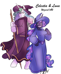 Size: 3695x4455 | Tagged: dead source, safe, artist:shellielle, princess celestia, princess luna, anthro, unguligrade anthro, g4, duo, grin, hat, simple background, smiling, staff, wizard, wizard hat, wizard robe