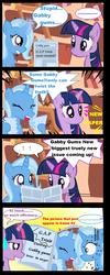 Size: 1397x3487 | Tagged: safe, artist:avchonline, trixie, twilight sparkle, pony, unicorn, g4, ..., angry, comic, dialogue, duo, engrish, exclamation point, female, foal free press, gabby gums, glowing horn, hoof hold, horn, magic, mare, nervous, newspaper, offscreen character, signature, surprised, sweat, sweatdrop, telekinesis, unicorn twilight