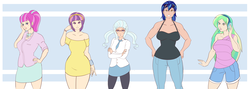 Size: 2239x800 | Tagged: safe, artist:annon, indigo zap, lemon zest, sour sweet, sugarcoat, sunny flare, human, equestria girls, g4, my little pony equestria girls: friendship games, big breasts, breasts, clothes, female, freckles, glasses, humanized, indigo max, muscles, necktie, pre-bimbo, shadow five, skirt, sunglasses