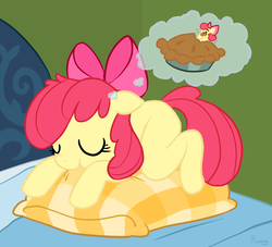 Size: 920x834 | Tagged: safe, artist:scrumize, apple bloom, earth pony, pony, g4, adorabloom, cute, dream, eating, female, food, nom, pie, pillow, prone, sleeping, solo