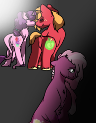 Size: 1024x1318 | Tagged: safe, artist:cutegir101, big macintosh, cheerilee, sugar belle, classical unicorn, earth pony, pony, unicorn, g4, blushing, butt, cloven hooves, crying, eyes closed, female, horn, husbando thief, implied cheerimac, implied shipping, implied straight, leonine tail, male, mare, plot, poor cheerilee, sad, ship:sugarmac, shipping, shipping denied, stallion, straight, unshorn fetlocks