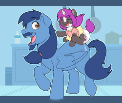 Size: 3388x2842 | Tagged: safe, artist:cuddlehooves, oc, oc only, oc:feather spiral, oc:vissy, pony, clothes, cute, diaper, dress, foal, happy, high res, kitchen, piggyback ride, riding