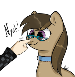 Size: 3985x4092 | Tagged: safe, artist:pesty_skillengton, oc, oc only, oc:dawnsong, earth pony, pony, absurd resolution, boop, collar, female, glasses, hand, mare, simple background, smiling, solo, ych result