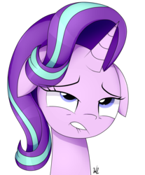Size: 1200x1450 | Tagged: safe, artist:whitelie, starlight glimmer, pony, unicorn, g4, bust, female, floppy ears, lip bite, looking up, portrait, simple background, solo, transparent background