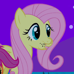 Size: 473x473 | Tagged: safe, screencap, fluttershy, scootaloo, pegasus, pony, g4, owl's well that ends well, animated, aweeg*, cropped, cute, eating, female, filly, gif, mare, munching, nom, nose wrinkle, shyabetes, solo focus