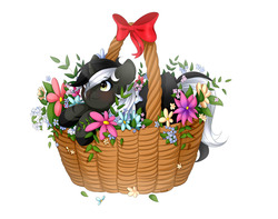 Size: 3300x2600 | Tagged: safe, artist:sweesear, oc, oc only, pony, unicorn, basket, cute, female, flower, high res, ocbetes, pony in a basket, ribbon, simple background, smiling, solo, white background, ych result