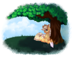 Size: 4050x3200 | Tagged: safe, artist:pinkxei, applejack, earth pony, pony, g4, cowboy hat, dappled sunlight, female, grass, hat, high res, mare, prone, smiling, solo, stetson, tree, under the tree