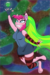 Size: 800x1200 | Tagged: safe, artist:bajanic, pinkie pie, earth pony, anthro, unguligrade anthro, g4, clothes, cosplay, costume, crossover, demencia, female, fingerless gloves, gloves, mare, solo, villainous