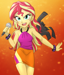 Size: 900x1050 | Tagged: safe, artist:ta-na, sunset shimmer, equestria girls, g4, my little pony equestria girls: rainbow rocks, badass, beautiful, clothes, cute, female, jacket, leather jacket, microphone, scene interpretation, singing, skirt, sleeveless, solo, the coats are off, welcome to the show