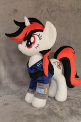 Size: 1504x2256 | Tagged: safe, artist:whitedove-creations, oc, oc only, oc:blackjack, pony, unicorn, fallout equestria, armor, clothes, fanfic, fanfic art, female, hooves, horn, irl, jumpsuit, mare, photo, pipbuck, plushie, security armor, solo, vault security armor, vault suit
