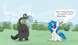 Size: 1200x700 | Tagged: safe, artist:heir-of-rick, dj pon-3, vinyl scratch, pony, unicorn, g4, blah, blushing, crossover, dialogue, duo, female, mare, molly collins, sitting, the amazing world of gumball, thought bubble