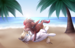 Size: 4165x2648 | Tagged: safe, artist:scarlet-spectrum, oc, oc only, pegasus, pony, beach, commission, cute, eyes closed, high res, palm tree, smiling, tree, water