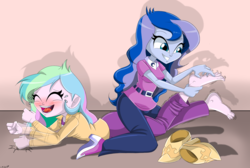 Size: 3575x2396 | Tagged: safe, artist:gaggeddude32, princess celestia, princess luna, principal celestia, vice principal luna, equestria girls, g4, barefoot, blushing, breasts, clothes, commission, crying, duo, eyes closed, feet, female, fetish, foot fetish, high res, laughing, pants, shoes, simple background, sisters, sitting on person, smiling, tears of laughter, teasing, tickle torture, tickling