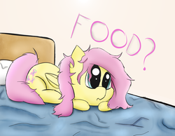 Size: 4500x3500 | Tagged: safe, artist:rainyvisualz, fluttershy, pegasus, pony, g4, bed, cute, dialogue, folded wings, high res, hungry, messy mane, prone, small, wings