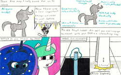 Size: 3287x2051 | Tagged: safe, artist:eternaljonathan, princess celestia, princess luna, oc, oc:nemo, alicorn, pony, comic:a new twist, g4, comic, high res, hose, misspelling, royal sisters, science fiction, stomp, traditional art