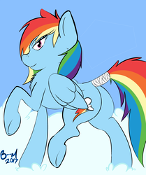 Size: 1671x1998 | Tagged: safe, artist:bloody--mascarade, edit, rainbow dash, pegasus, pony, g4, butt, female, looking at you, mare, plot, presenting, raised leg, sfw edit, simple background, solo, tail wrap, underhoof