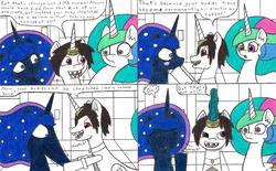 Size: 3297x2050 | Tagged: safe, artist:eternaljonathan, princess celestia, princess luna, oc, oc:j, oc:nemo, alicorn, pony, comic:a new twist, g4, comic, high res, horn, horn ring, royal sisters, science fiction, shark teeth, stretching, traditional art