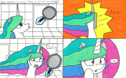 Size: 3280x2046 | Tagged: safe, artist:eternaljonathan, princess celestia, alicorn, pony, comic:a new twist, g4, comic, frying pan, high res, science fiction, traditional art