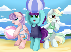 Size: 3509x2550 | Tagged: safe, artist:pridark, oc, oc only, pony, beach ball, bikini, clothes, cloud, commission, female, high res, mare, sky, smiling, swimsuit, trio