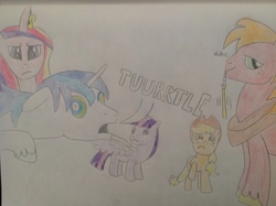 Size: 2592x1936 | Tagged: safe, artist:didgereethebrony, applejack, big macintosh, princess cadance, shining armor, twilight sparkle, alicorn, pony, g4, hypnosis, traditional art, twilight sparkle (alicorn)