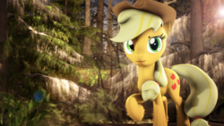 Size: 2560x1440 | Tagged: safe, artist:redaceofspades, applejack, earth pony, pony, g4, 3d, cowboy hat, female, forest, hat, looking at you, mare, raised hoof, solo, source filmmaker, stetson