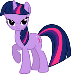 Size: 4312x4500 | Tagged: safe, artist:slb94, twilight sparkle, pony, unicorn, g4, absurd resolution, female, lidded eyes, looking at you, mare, raised hoof, simple background, smiling, solo, transparent background, unicorn twilight, vector