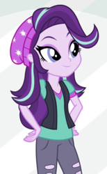 Size: 640x1040 | Tagged: safe, screencap, starlight glimmer, equestria girls, equestria girls specials, g4, my little pony equestria girls: mirror magic, beanie, clothes, cropped, female, hand on hip, hat, pants, smiling, solo, vest
