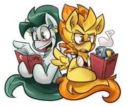 Size: 1908x1600 | Tagged: safe, artist:dracojayproduct, spitfire, oc, oc:willow, pony, g4, blushing, goggles, mug, reading, simple background, steam, transparent background
