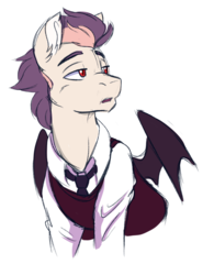 Size: 933x1196 | Tagged: safe, artist:xwhitedreamsx, oc, oc only, oc:sweet velvet, bat pony, pony, clothes, colored sketch, male, necktie, red eyes, rule 63, simple background, solo, stallion, sweater, vest, white background