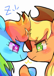 Size: 764x1080 | Tagged: safe, artist:x-zeko-x, applejack, rainbow dash, earth pony, pegasus, pony, g4, apple eyes, duo, eye to eye, female, lightning eyes, lightning pupils, looking at each other, looking at someone, mare, nose to nose, simple background, white background, wingding eyes