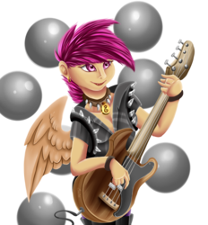 Size: 1024x1103 | Tagged: safe, artist:crecious, scootaloo, human, g4, bass guitar, ear piercing, female, guitar, musical instrument, piercing, scootabass, simple background, solo, transparent background, wings