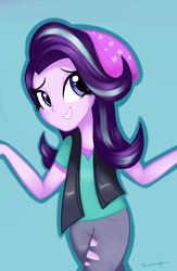 Size: 1300x2000 | Tagged: safe, artist:lcpegasister75, starlight glimmer, human, equestria girls, equestria girls specials, g4, my little pony equestria girls: mirror magic, beanie, clothes, hat, pants, shirt, simple background, smiling, vest