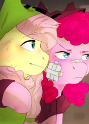 Size: 776x1072 | Tagged: safe, artist:suplolnope, fluttershy, pinkie pie, earth pony, pegasus, pony, g4, bandage, bruised, clothes, duo