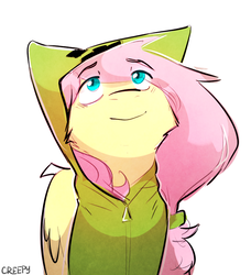 Size: 715x783 | Tagged: safe, artist:suplolnope, fluttershy, pegasus, pony, g4, cheek fluff, clothes, creepershy, female, hoodie, looking up, mare, minecraft, simple background, smiling, solo, white background