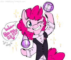 Size: 1210x1027 | Tagged: safe, artist:suplolnope, pinkie pie, earth pony, pony, g4, clothes, dialogue, magic, shirt, vest