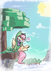 Size: 1000x1400 | Tagged: safe, artist:suplolnope, fluttershy, pony, g4, blushing, cliff, clothes, costume, creepershy, exclamation point, female, hoodie, laughing, minecraft, solo